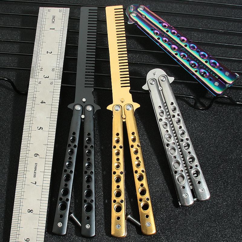 Professional Stainless Steel Folding Butterfly Knife Portable Training Beard Comb Hair Styling Tool for Salons and Practice Comb