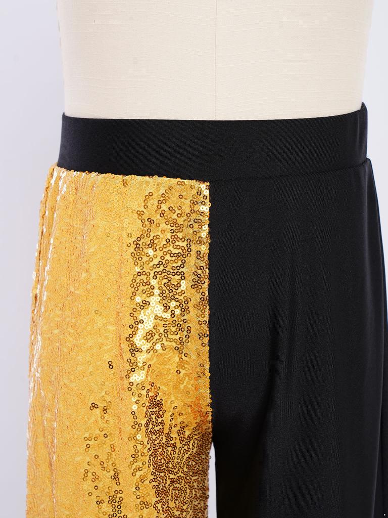 Girls Sequins Patchwork Pants Elastic Waist Color Block Dance Trousers Hip Hop Jazz Outfit