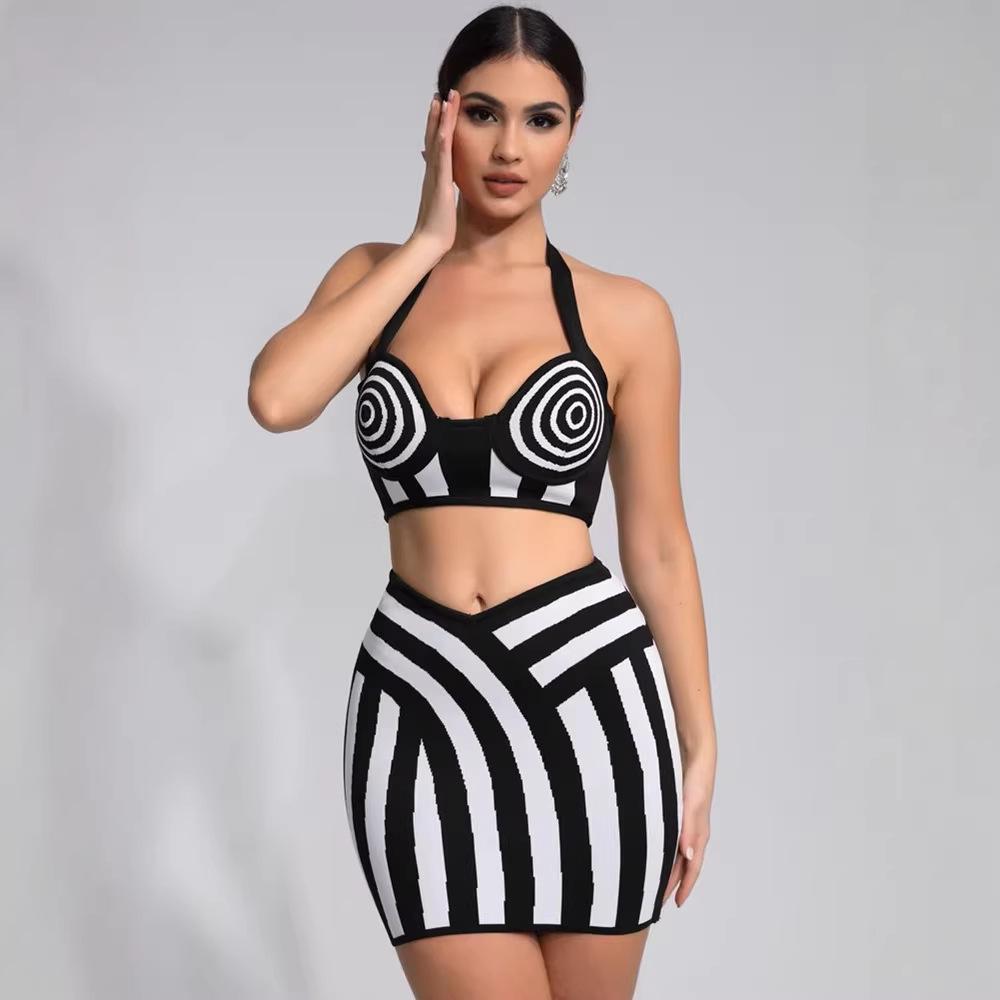 European and American Jacquard Color-Block Bandage Halter Crop Top & Hip-Hugging Skirt Two-Piece Set for Women