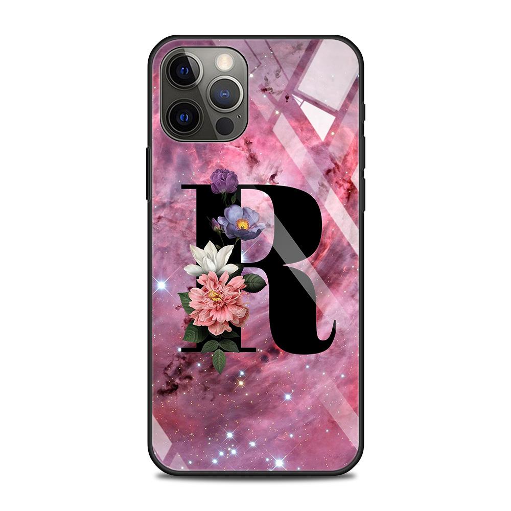 Tempered Glass Case For iPhone 14 12 11 Pro Max 13 12 Mini X XR XS Max 8 7 6s Plus Silicone Shell Letter A B Flowers Pink