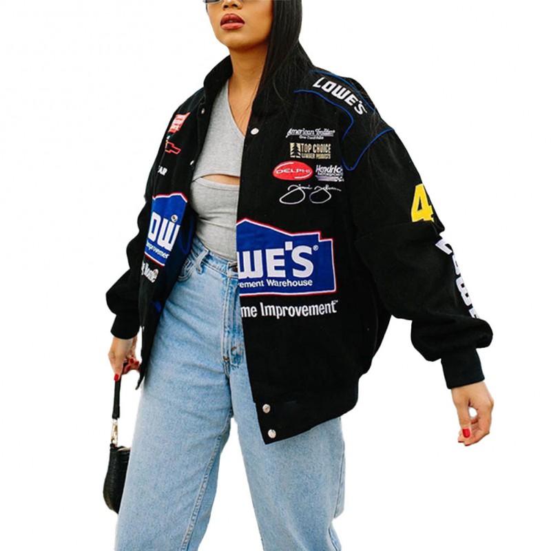 Womens Oversized Black Printed Streetwear Windbreaker Jacket Long Sleeve Casual Cycling Outerwear