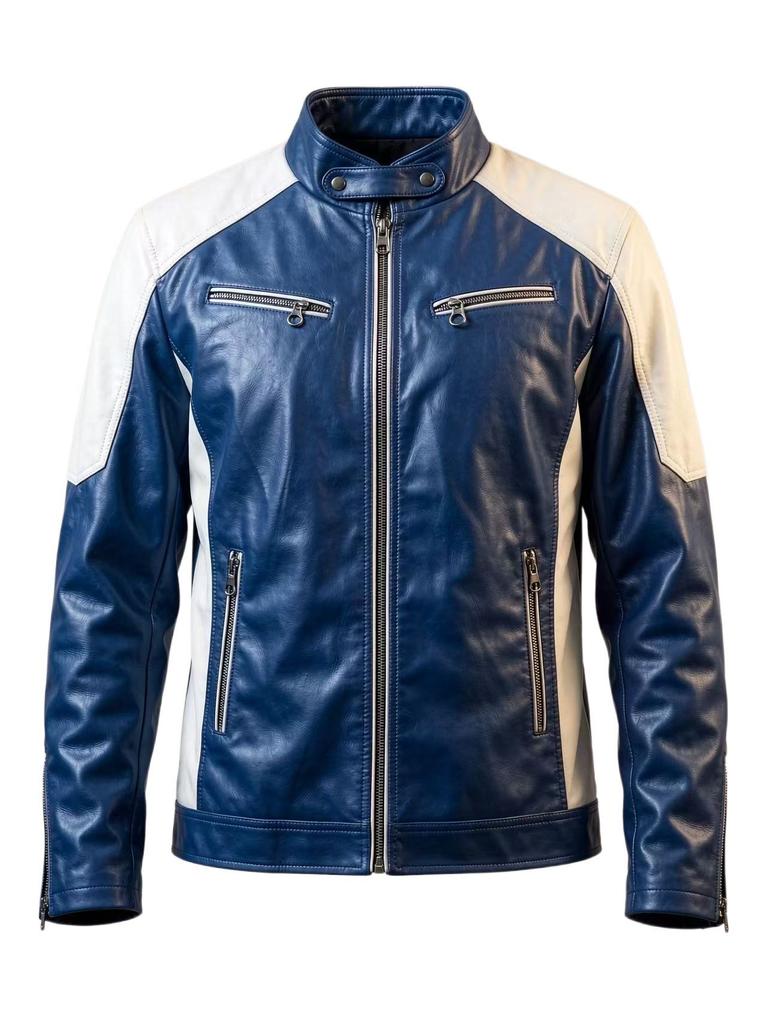 Spring and autumn recreational locomotive splicing leather jacket men's stand-up collar retro thermal leather jacket