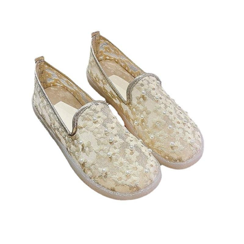 Summer New Trend Women's Single Shoes Pearl Mesh Flower Comfortable Soft Sole Women