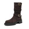 Fashion Cow Suede Nubuck Winter Round Toe Modern Boots Med Heels Slip On Pleated Style Metal Buckle Mid-calf Boots