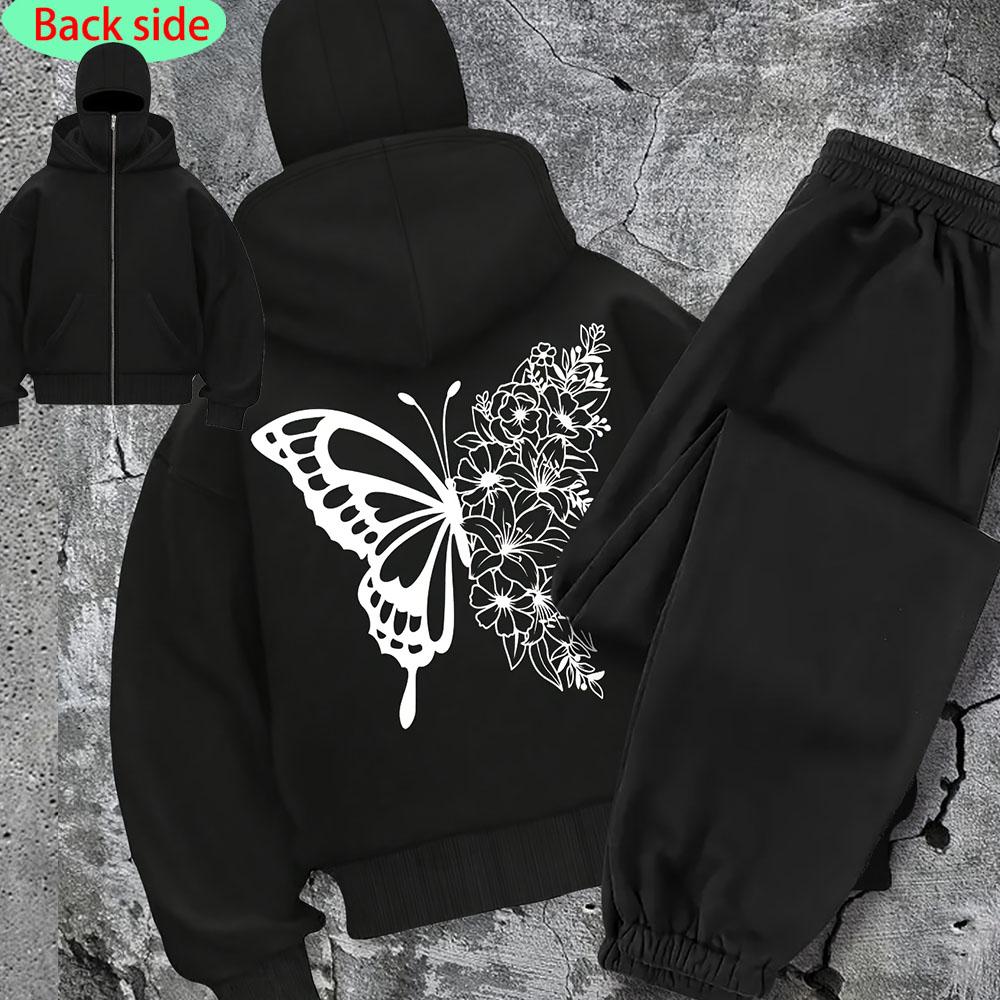 

Women S Fashion Trendy Pattern Print, Balacl Double Hat Double Neck Zipper Hoodie and Pants Set XXXL