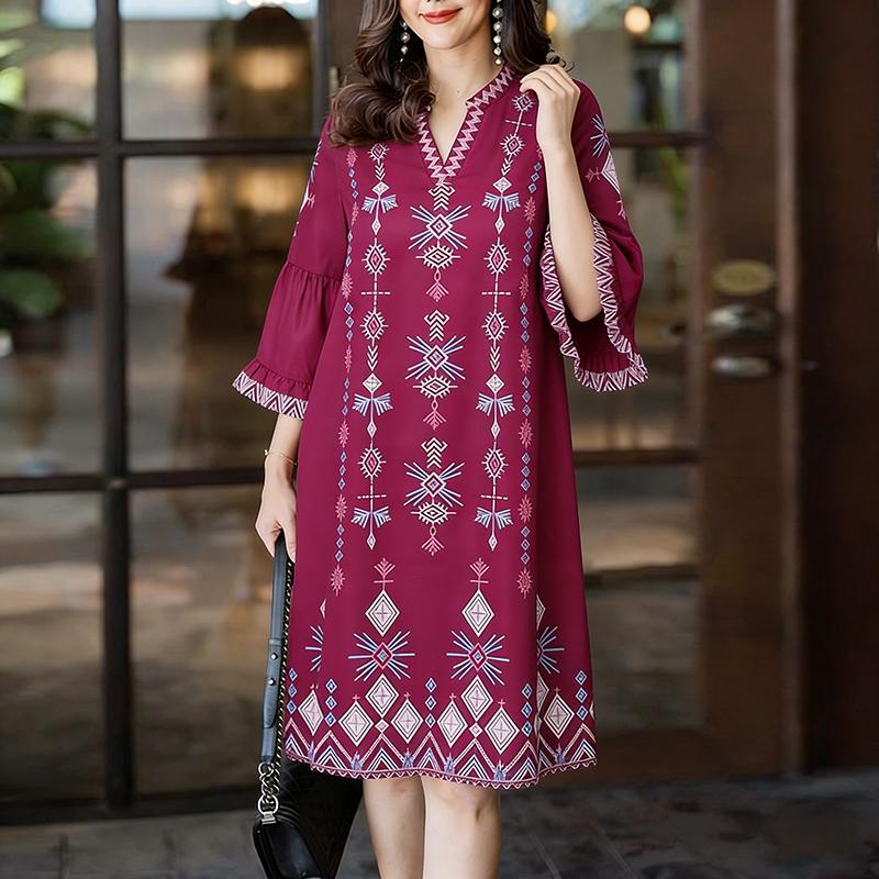 

ZANZEA Women Casual V-Neck Floral Print Loose 3/4 Sleeve Dress 4XL фіолетовий