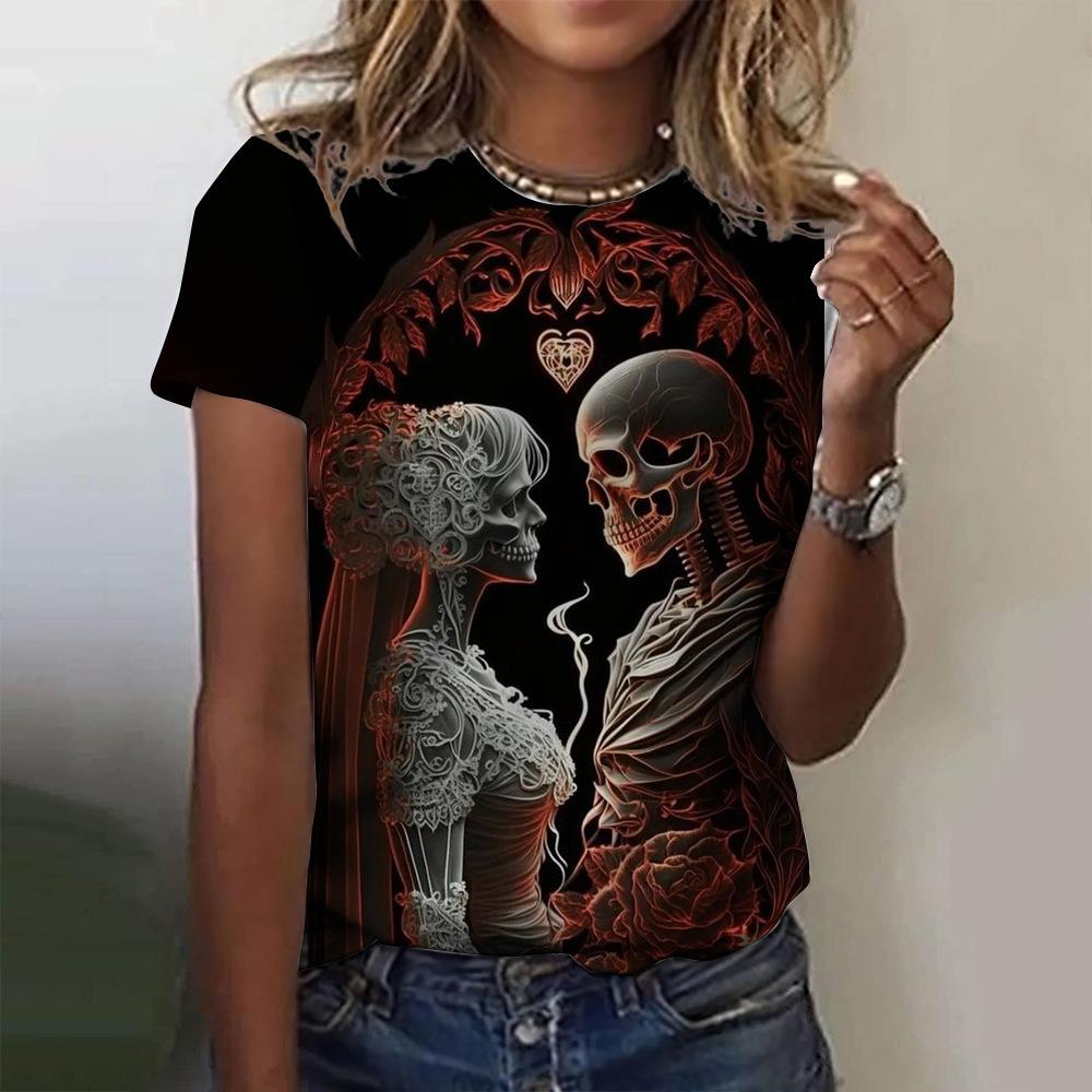 Summer Round Neck 3D Skull Print Top Fashionable Casual Short Sleeved Women's T-shirts