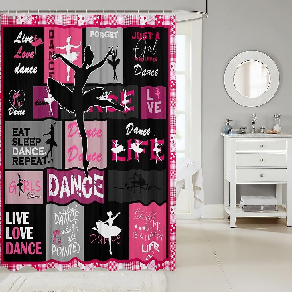 Manfei Kids Dance Shower Curtains Ballet Dance Theme Waterproof Bath Curtains with 12 Hooks Suits for Bathtub, Ballet Princess Dancer Bathroom