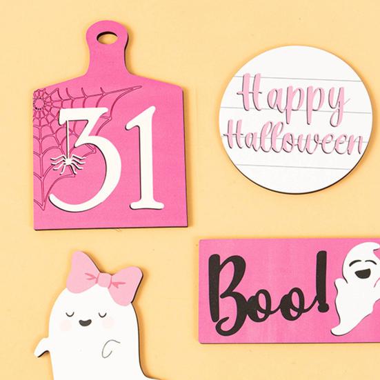 Halloween Tiered Tray Decor Set Happy Halloween Wooden Signs Cute Ghost Model Witch Spider Hat Ornaments Festive Atmosphere Decoration
