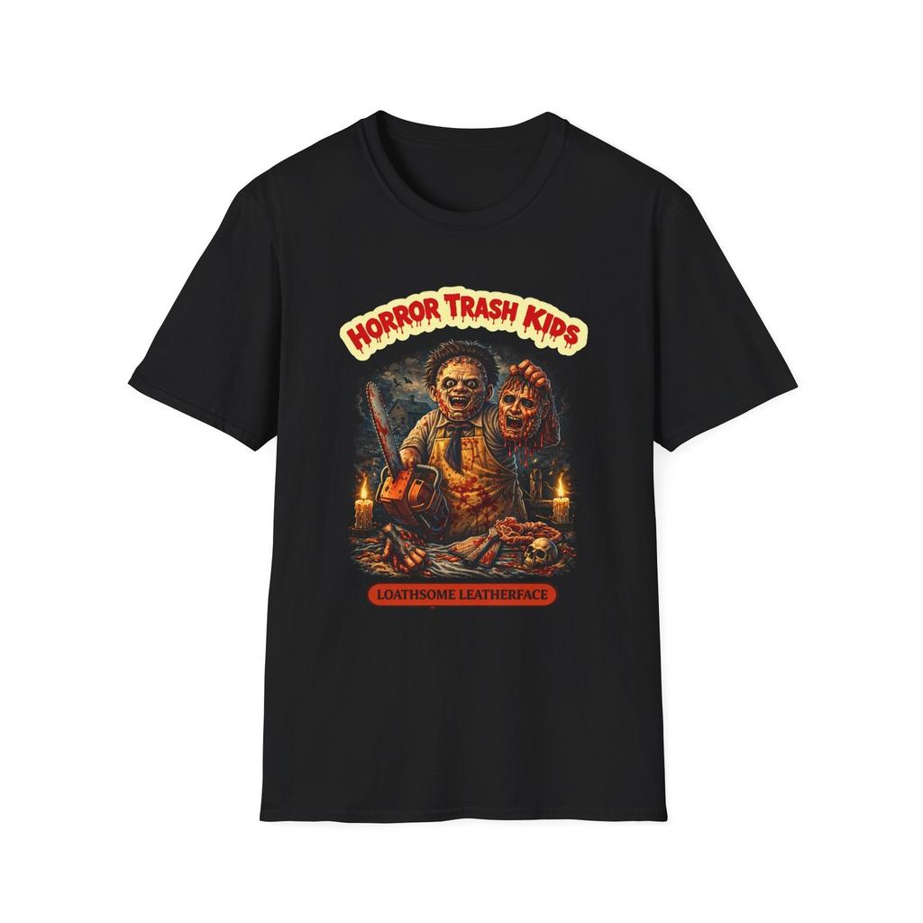 Horror Trash Kids Leather faceT-Shirt | Retro Creepy Kids Horror Illustration