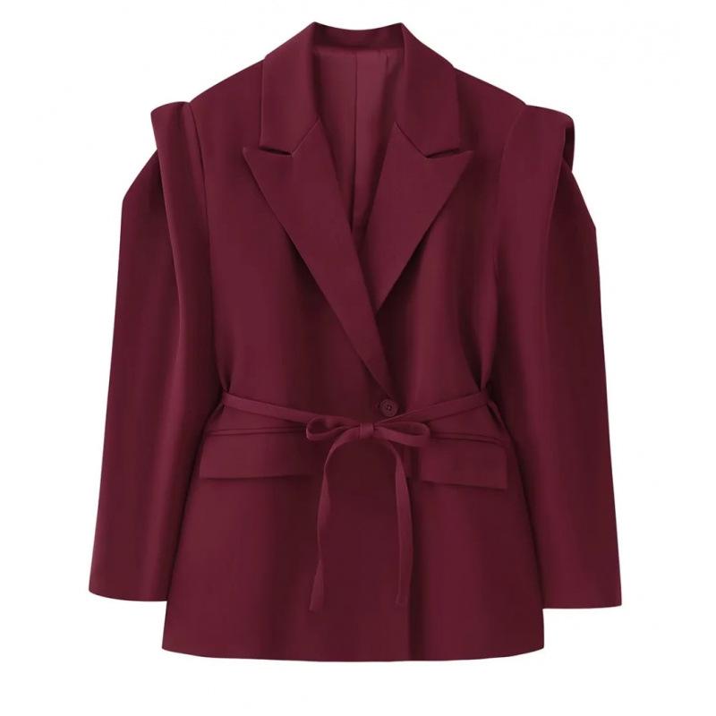 

European & American Women s Fashion Tie-Waist Padded Shoulder Blazer - Chic, Waist-Cinching Commuter Style. Large вина червоного кольору