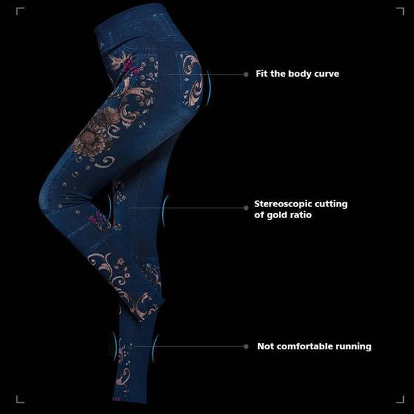 Women Printed Tight-fitting Super Stretch Leggings High Waist Outer Wear Sexy Close-fitting Imitated Denim Jean Leggings(Suitable for Weight 40-85kg)