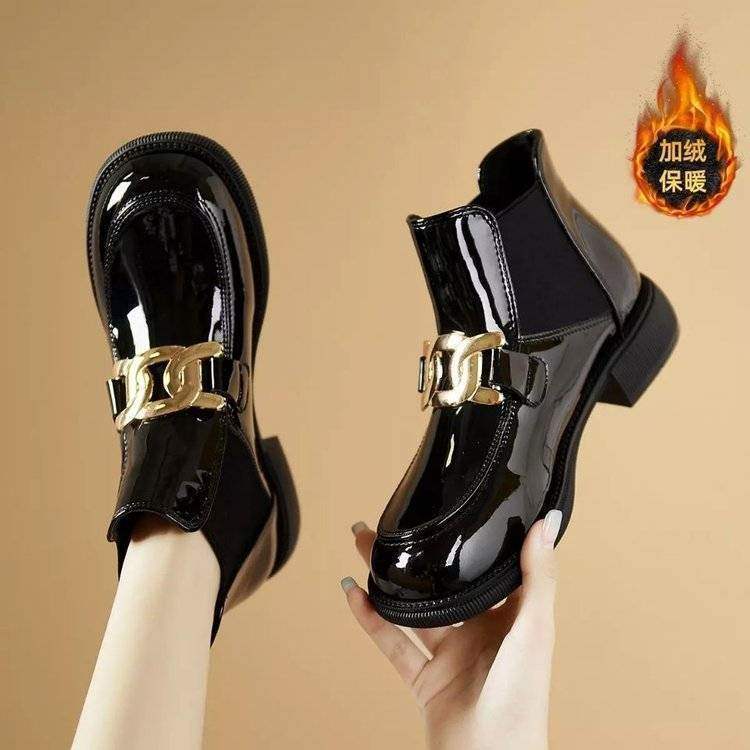 

Martin boots 2025 new versatile metal buckle British Chelsea boots women s patent leather round head thick sole bright leather short boots 40