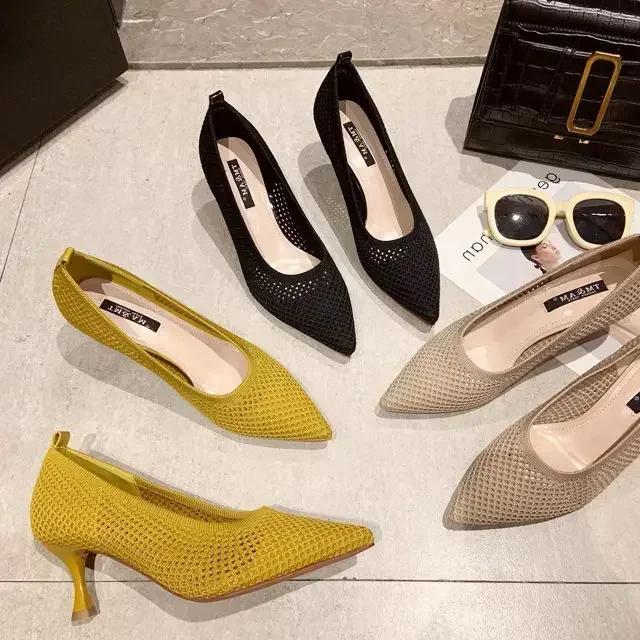 Women's High Heels Summer New Mesh Breathable Single Shoes Versatile Pointed Shallow Mouth Work Shoes Sexy Slim Heels High Heels