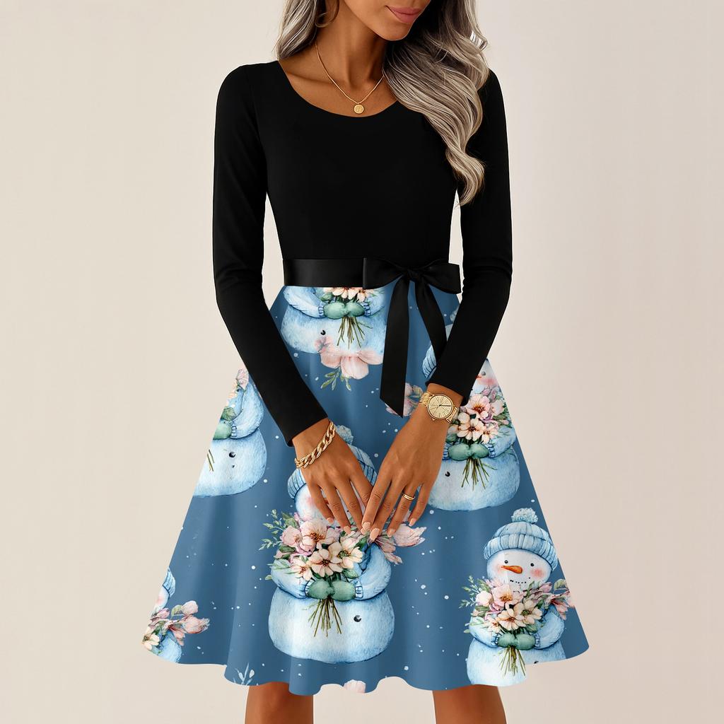 Women's Casual Fashion Round Neck Long Sleeve Christmas Printed Party Vintage Long Dresses