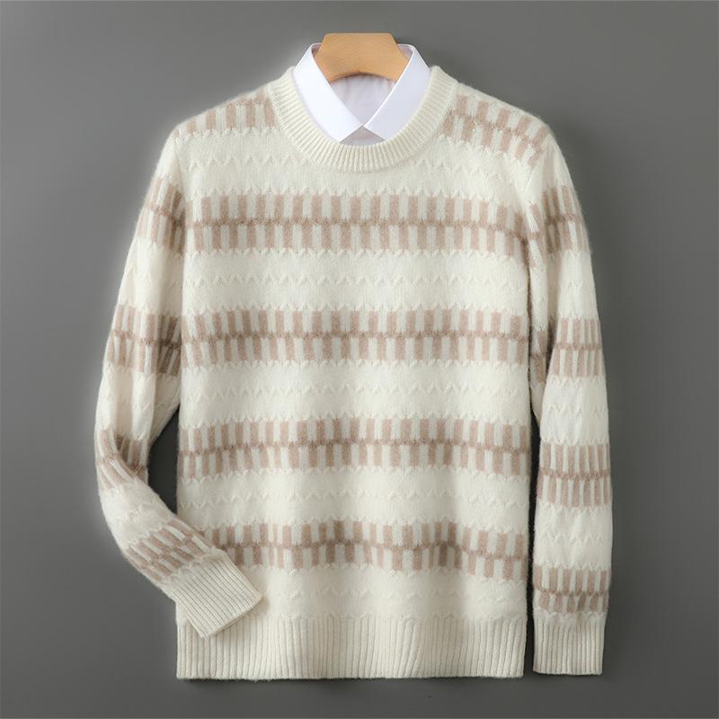 Men s Trendy Striped Jacquard Wool Sweater - 100% Pure Wool, Autumn/Winter Casual Knitwear Medium