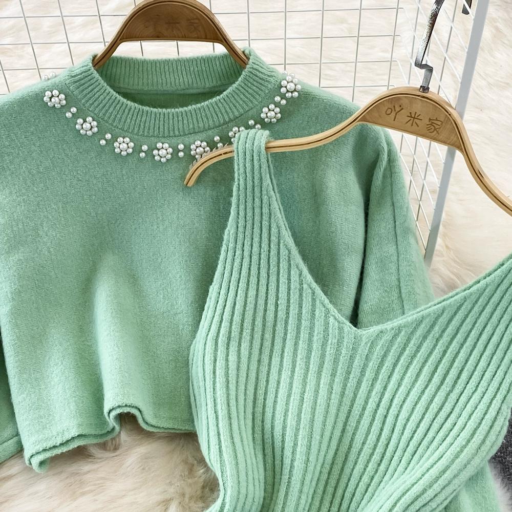 Celebrity Temperament Round Neck Beaded High Waist Short Belly Button Sweater Two-piece Set Spice Girl Knitted Vest Dress