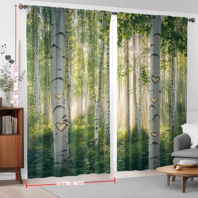 Juego de 2 Cortinas Bosque de Abedules Nórdico – Árboles Blancos con Luz Solar en Forma de Corazón, Cortinas Filtrantes de Luz con Pasacables