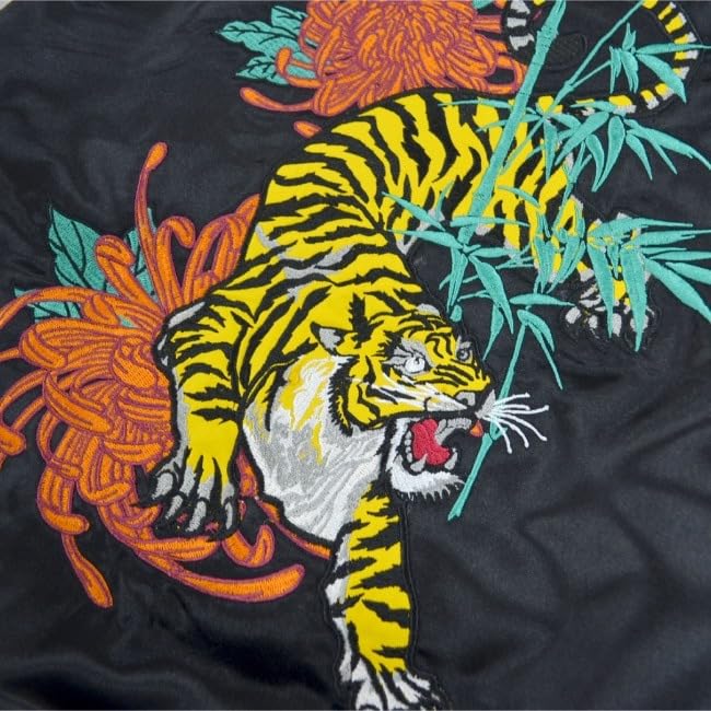 Yoshida Yu Satin Tiger Sukajan Jacket with Japanese Tiger Long Sizes and LL Men's Pattern, Sleeve, Embroidered, M, L,