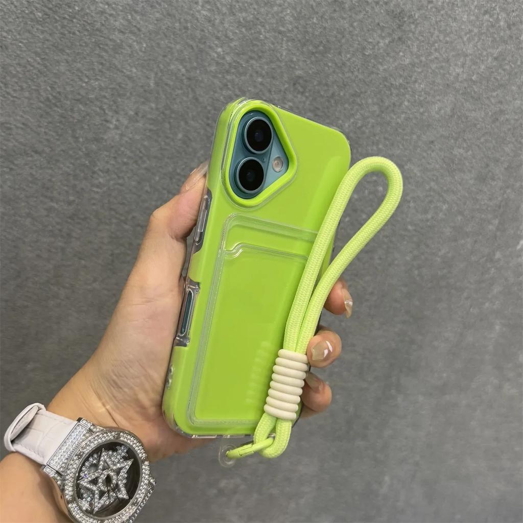 Wrist Strap Card Slot Po Clip Soft Shockproof Case For iPhone 17 16 15 14 Plus 13 12 Pro Max 11 Candy Color Lanyard Cover