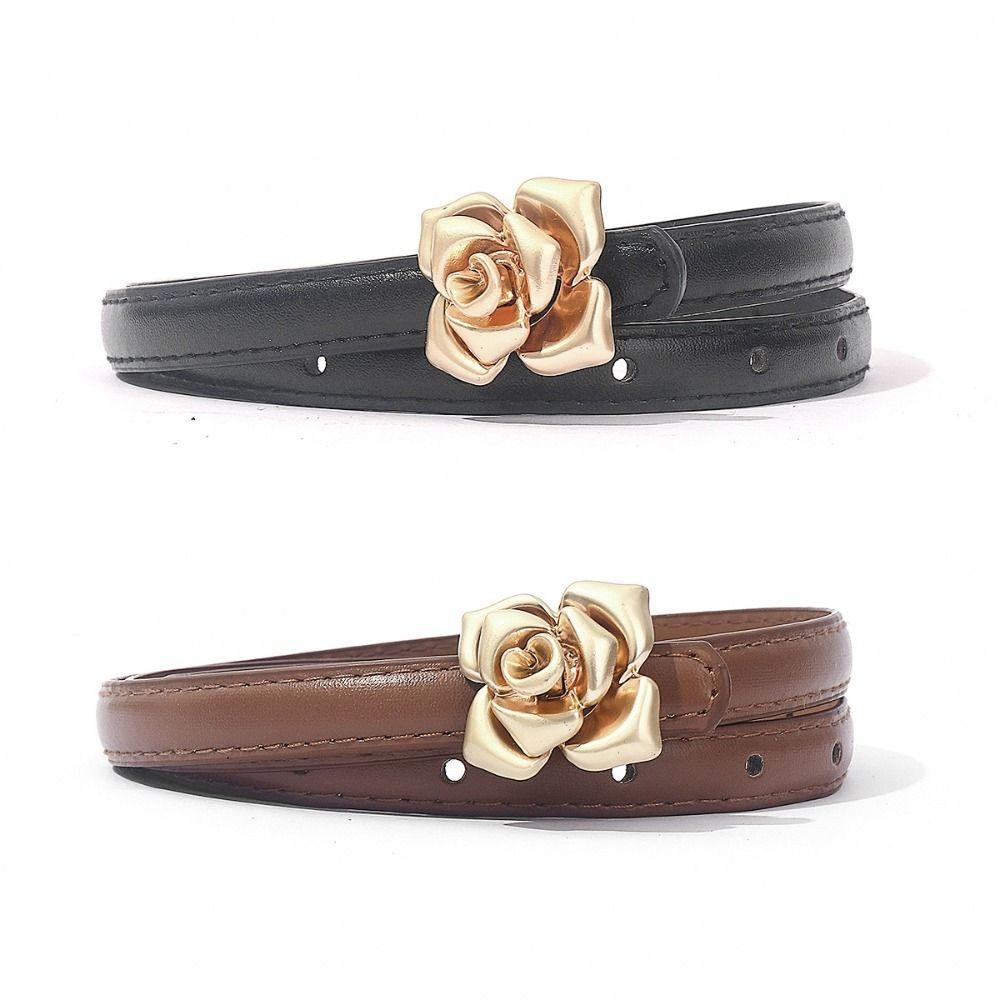 Fashion Rose Design Leather Belt PU Luxury Design Pin Buckle Waistband Versatile Trendy Thin Belt for Women