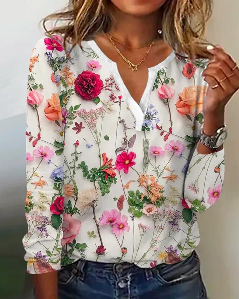 Women s V Neck Long Sleeve Blouse Regular Fit Elegant Floral Print Top Spring Casual Commuter Shirt S