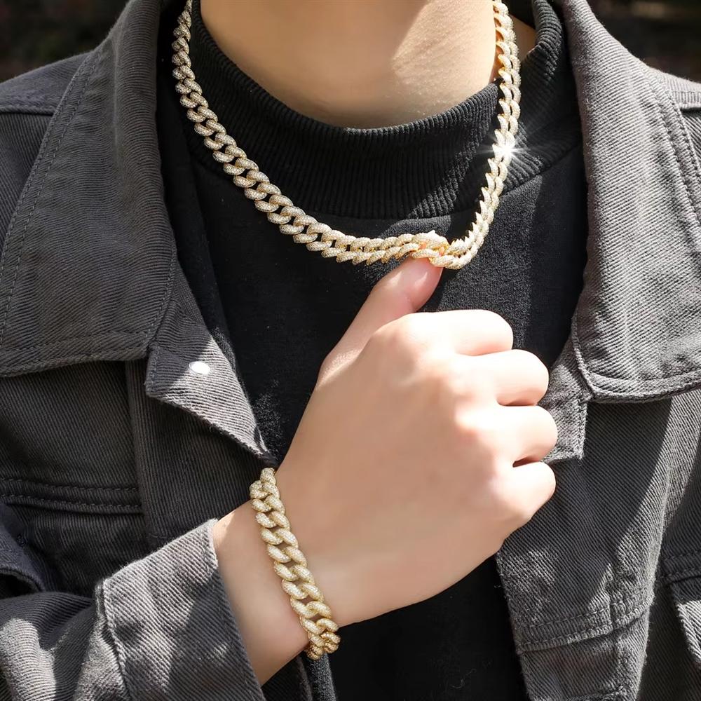 12 mm Fashion Hip Hop Bubble Cuban Chain Bracelet Iced Out Zircon Gold Plated Brass for Anniversary Parties