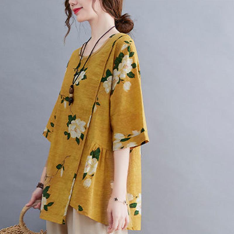 Women's Summer Round Neck Short Sleeve T-shirt Loose and Thin Casual Cotton Linen Graphic Shirt Leisure Blouse Tops