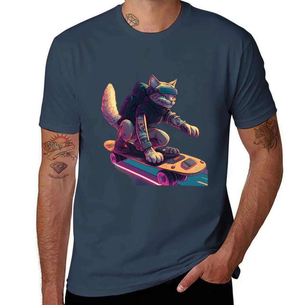 Cat Riding Skateboard Tshirt Comfortable Workout Short Sleeve Shirt