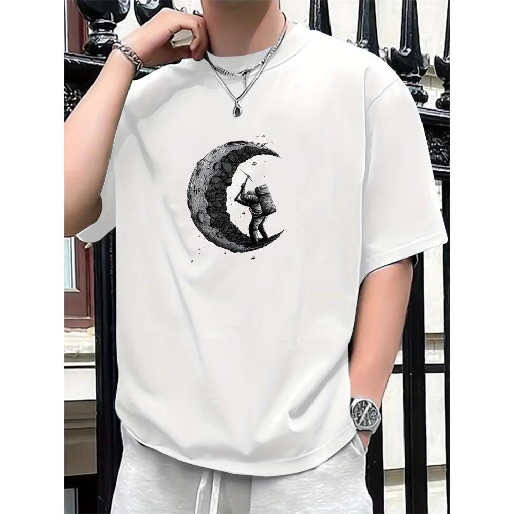 Summer Men's Cotton Astronaut Moon Graphic Print Fashionable Loose Sports Round Neck Short Sleeved T-shirt Top