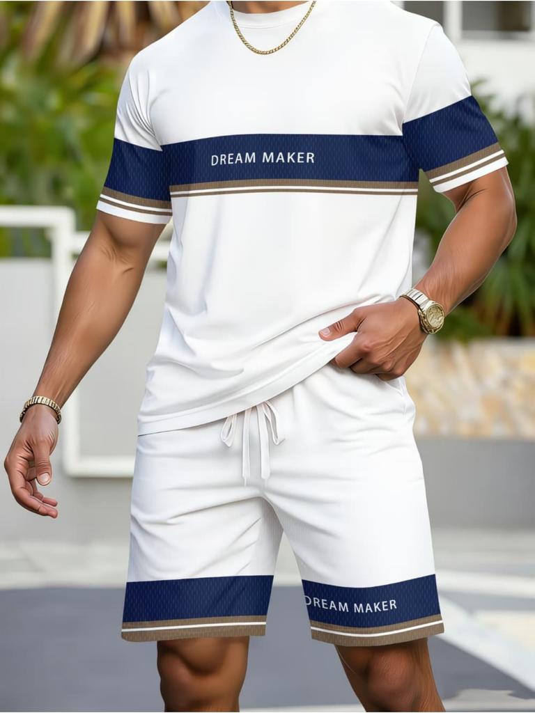 Casual Stripe Printed T-Shirt Shorts Loose Men's Short Sleeve Tee Elastic Waist Shorts Set Sports Clothes