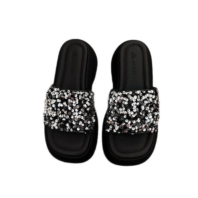 Sense Sequined Muffin Bottom Slippers Women's Summer Wear One Word Women's Platform Sandals Semi-cool Slippers New