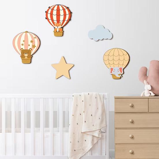 5Pcs/Set Hot Air Balloon Wall Decoration Farmhouse Rustic Wooden Star Cloud Wall Art Home Office Living Room Wall Hanging Ornament