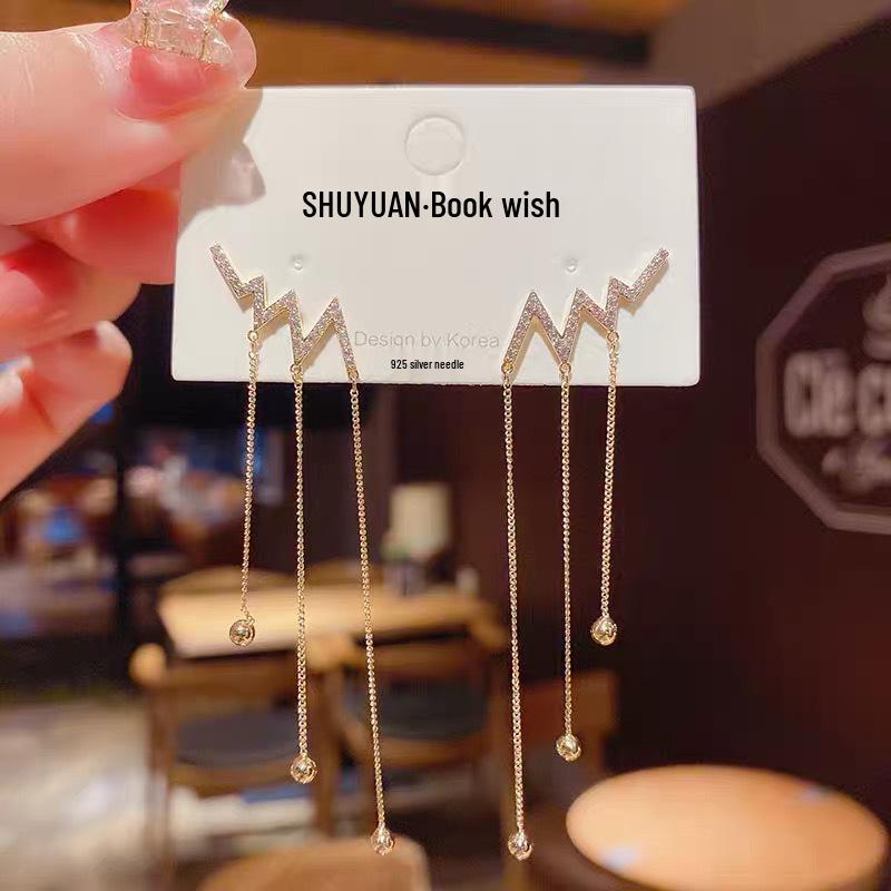 925 Sterling Silver Rhinestone Lightning Tassel Earrings - Trendy Japanese Korean Style with Unique Exaggerated Design.