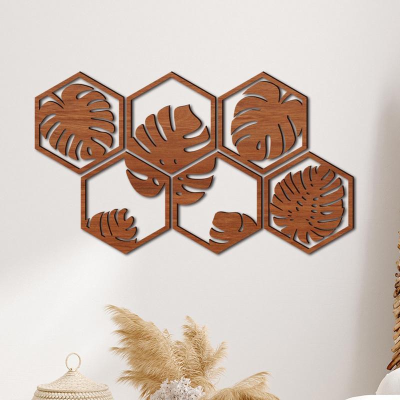 Palm Leaf Wall Art Wooden Board Leaf Splicing Wall Sticker Creative Hexagonal Wooden Wall Decoration Wall Art For Bedroom