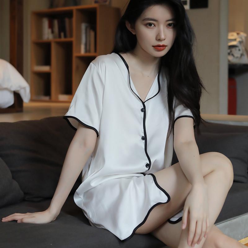 Silk Summer Short Sleeve Cardigan Nightgown Pajamas - Women's Casual Loungewear In Pure Desire Style