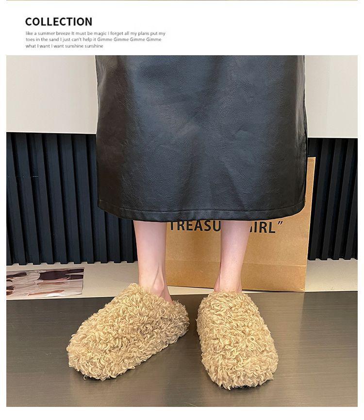 High-End Women's Furry Slippers - Height-Boosting, Thick-Sole, Closed-Toe, Cotton for Autumn/Winter In Apricot, Black, Dark Brown.