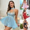 3 Pcs/Set Nightdress Panties Collar Set Hollow Out Lace-up See-through Lace Mesh Backless Adjustable Straps Hook-and-Eye Closure G-string Sleepwear