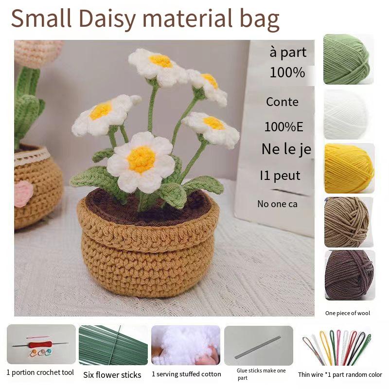 Fleur crochetée Produit fini Tissé Tulipe Marguerite Bouquet de fleurs en pot Fil Crochet Matériau Sac Décoration Fleur