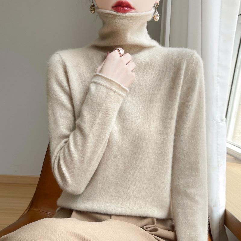 Women's 100% Wool Rolled Edge Turtleneck Sweater - Loose Fit Pullover Knit Base Layer