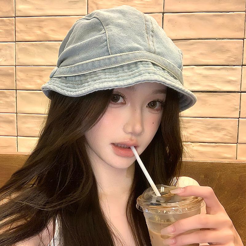 

Ретро джинсовая панама женская весна лето большой обхват головы шляпа художника, подчеркивающая лицо, с маленькими короткими полями, берет, драпированная шляпа-пайл average size (58-60cm)