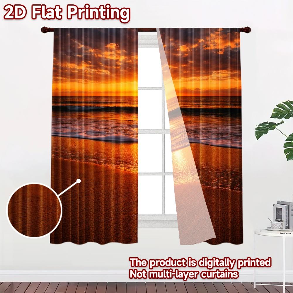 2D flat printing 2pcs Curtain Party Window Curtains Golden Beach Sunset Digital Printed Polyester Drapes Birthday Party Perfect
