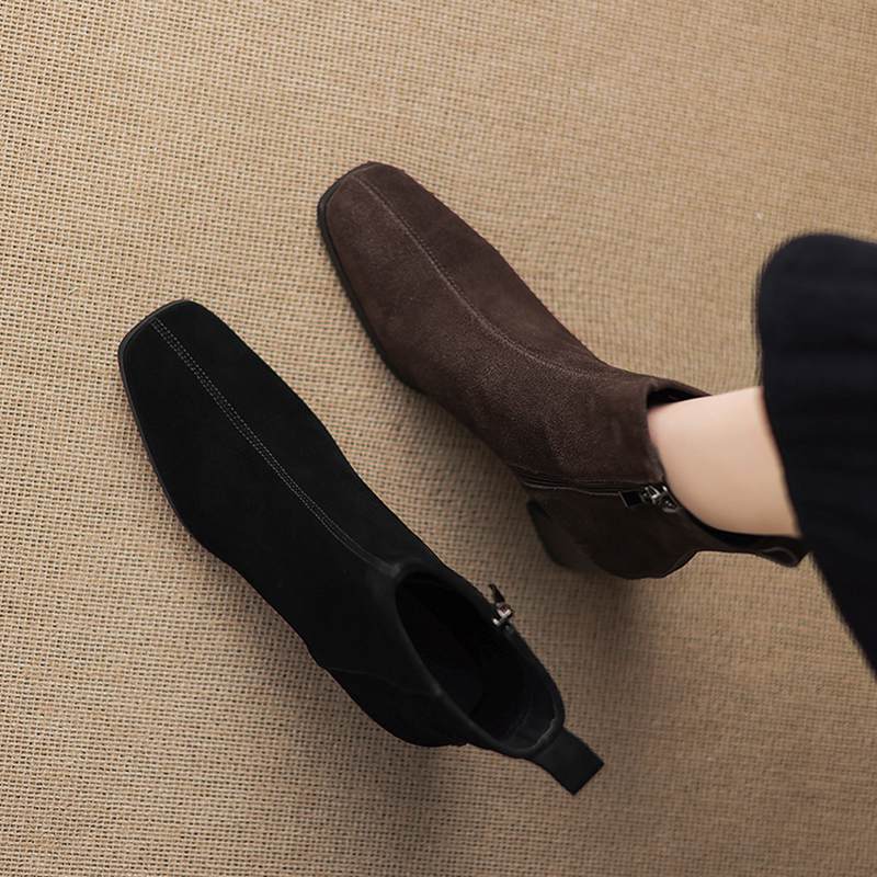 Krazing Pot Cow Suede Nubuck Winter Square Toe Modern Boots Thick High Heels Zipper Women Ankle Boots