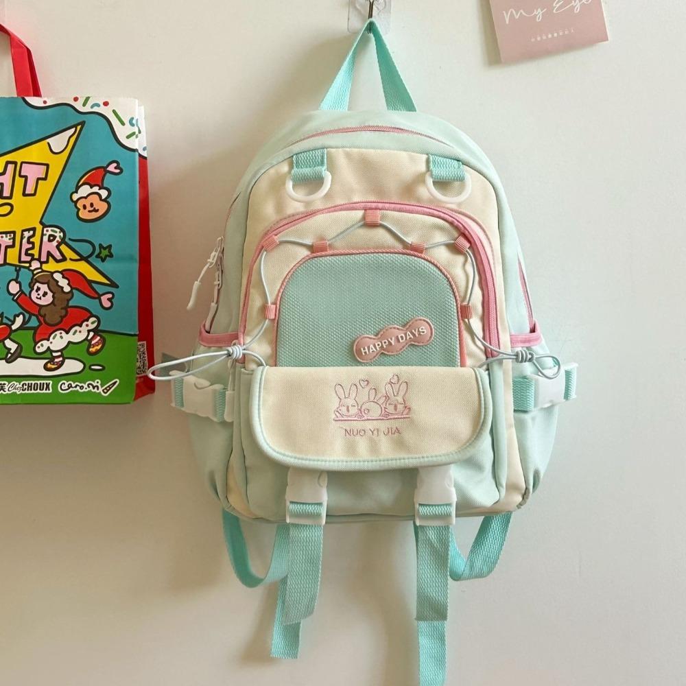 Cute Contrast Color Backpack Large Capacity Wear-resistant Students Schoolbag Nylon Multiple Pockets Travel Rucksack