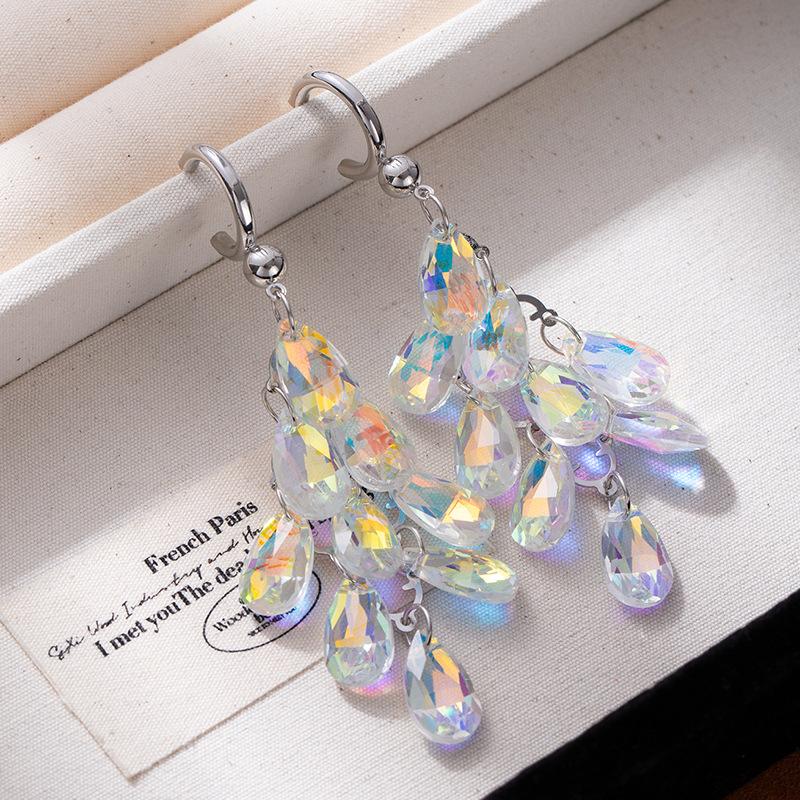 Colorful Crystal Teardrop Tassel Earrings