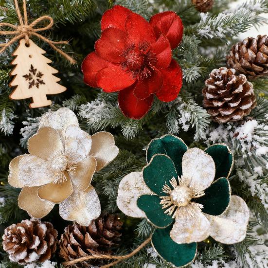 Artificial Poinsettia Flowers Christmas Tree Ornaments Velvet Glitter Magnolia Stems Floral Picks for Xmas