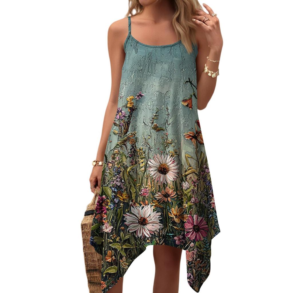 Dam sommar vardaglig vintage blommig tryck rund hals justerbar hängselklänning med fickor