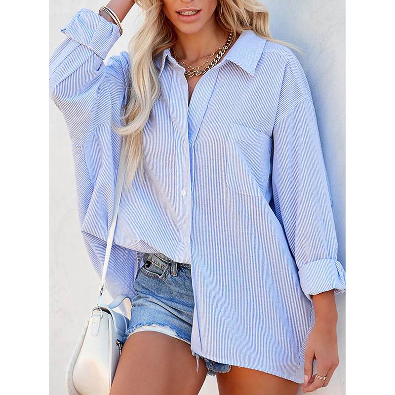 Spring Women Shirt Striped Shirts Long Sleeves Turn Down Collar Single Breasted Slight Strech Loose Blouses