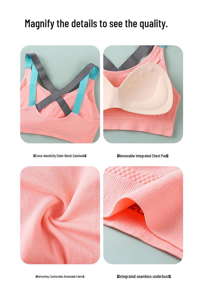 Strappy Cross Back Color Block Push-Up Sports Bra - Wire-Free, Breathable for Yoga & Running