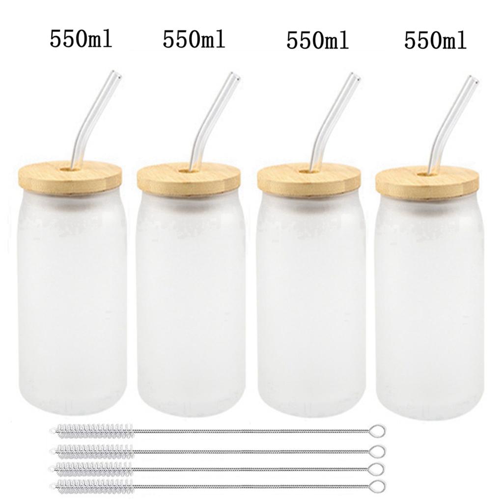 Straw Cup Glasses with Bamboo Lids and Glass Straw Reusable Drinking Glasses Can Shaped Glass Cups for Beer Iced Coffee Cocktail